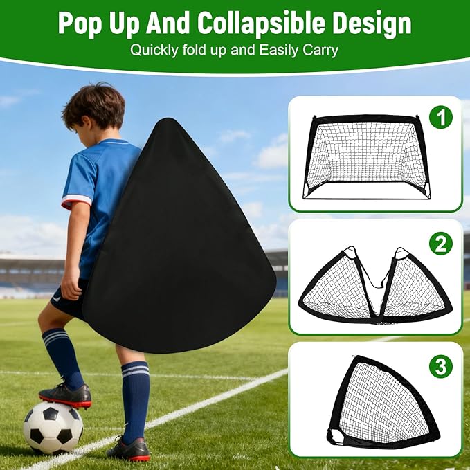 Kids Soccer Goals for Backyard Set - 2 Pack of 4' x 3' Portable Pop Up Soccer Nets, Training Equipment with Soccer Ball, Soccer Set for Kids Toddler and Youth Outdoor Games, Sports, Gifts