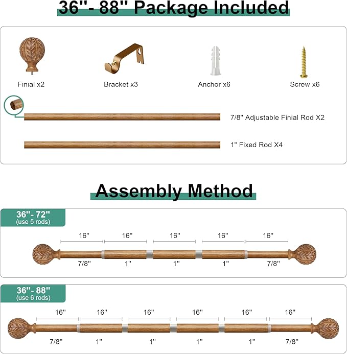 Boho Wood Curtain Rods for Windows 48 to 84 inch,1" Adjustable Heavy Duty Window Curtain Rod with Imitation Wood Grain Finials,Rustic Decorative Drapery Rods Set,Size:36-88'',Natural Wood
