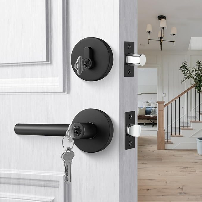 Goldenwarm Exterior Deadbolt and Keyed Entry Door Handle Set, Heavy Duty Zinc Alloy Black Door Lever, Key Entry Front Matte Black Door Handle with Lock and Key(1 Pack)