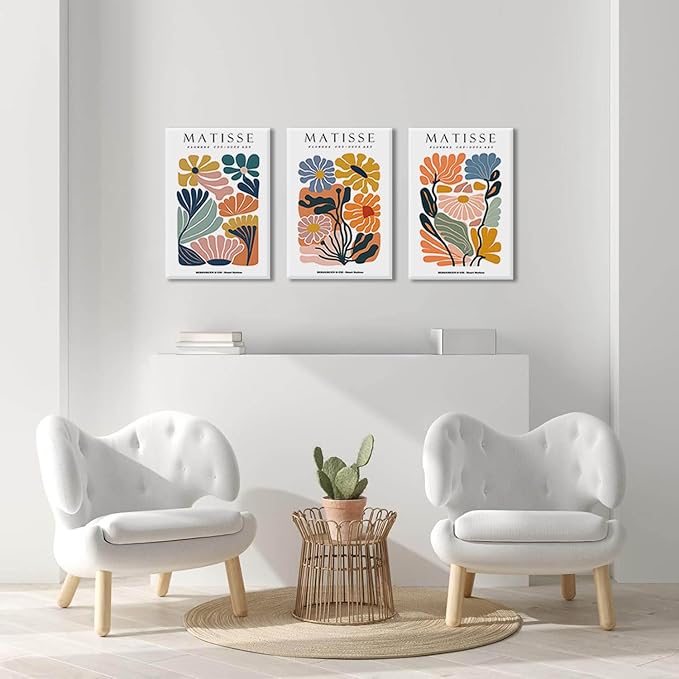3Pcs Framed 16x24in Matisse Wall Art Canvas Colorful Boho Flower Posters Abstract Pictures Minimalist Plant Leaves Painting Prints Decor Aesthetic for Living Room Bedroom Dorm