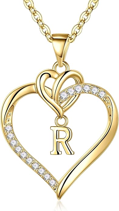 STORUP Christmas Gifts for Women Teen Girls - Heart Initial Necklaces for Women Girls, 14K-Gold-Plated Cubic Zirconia Initial A-Z Pendant Dainty Heart Necklaces for Teen Girl Jewelry Birthday Gifts
