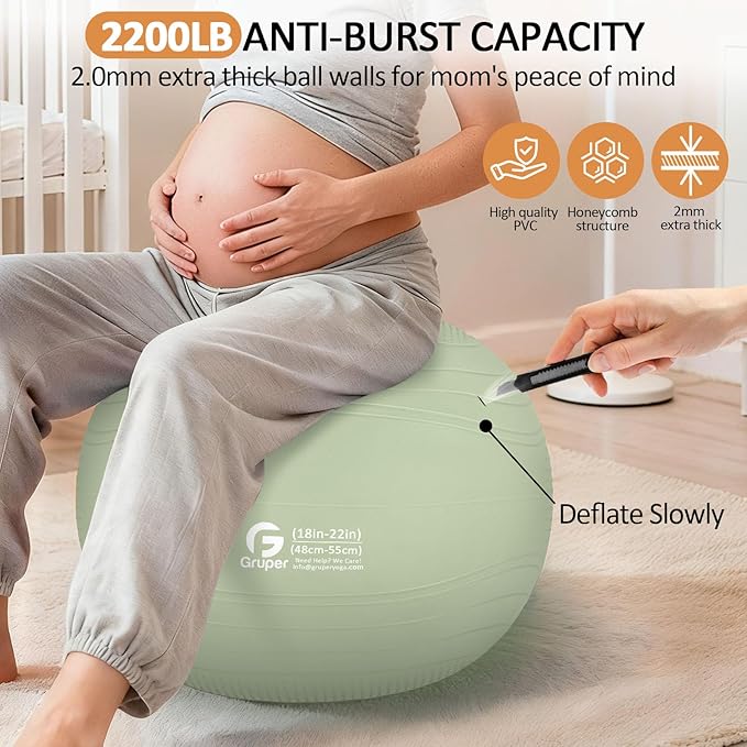 Gruper Yoga Ball, Multiple Sizes Non Slip Exercise Ball for Workout, Birthing, Balance, Stability, Pregnancy, 2200LB Capacity, Anti Burst Chair for Home and Office, Includes Quick Pump & Fitness Guide