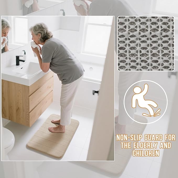 Yimobra Long Bath Mat 44"x24", Super Soft Quick Dry Memory Foam Bathroom Rug, Water Absorbent, Non Slip Backing Machine Washable for Tub Shower, Thick Comfort Support, Beige