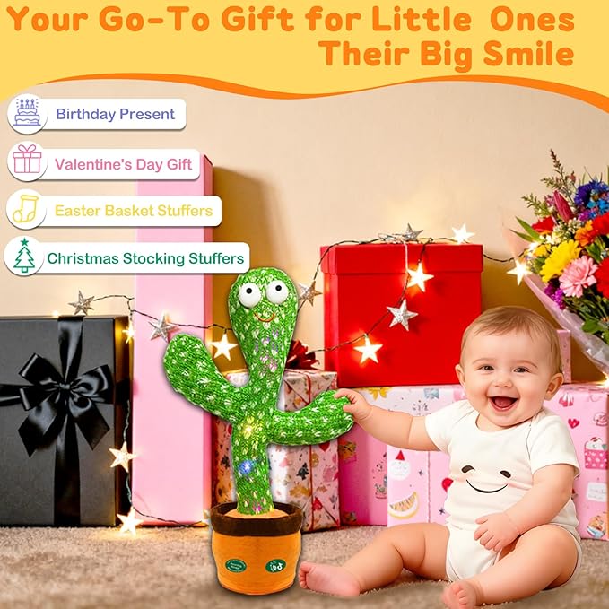 Dancing Talking Cactus Toy,Christmas Funny Gift for Toddler 1 2 3 Year Old Boy Girl,Record Repeat What You Say Baby Infant Toys 6-12 12-18 Months with 3xAA Battery (Volume Adjustment)