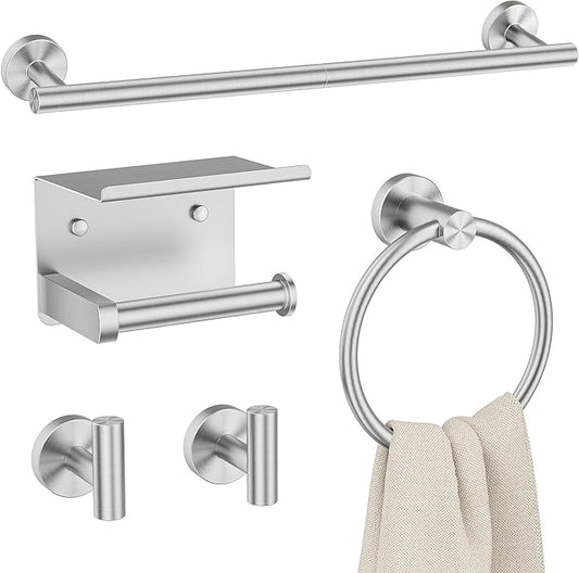 FORIOUS Bathroom Hardware Accessories Set, SUS304 Stainless Steel 24 Inch Towel Bar Set Wall Mounted, Modern Toilet Paper Holder with Shelf for Bathroom, 5 Pieces (Stainless Steel)
