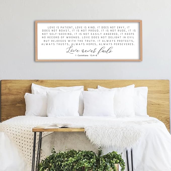 Love is Patient Kind Sign Wall Art 40"X15" 1 Corinthians 13 Bible Verse for Bedroom Above Over Bed Christianity Large Wood Framed Wall Hanging Decor (Wood）