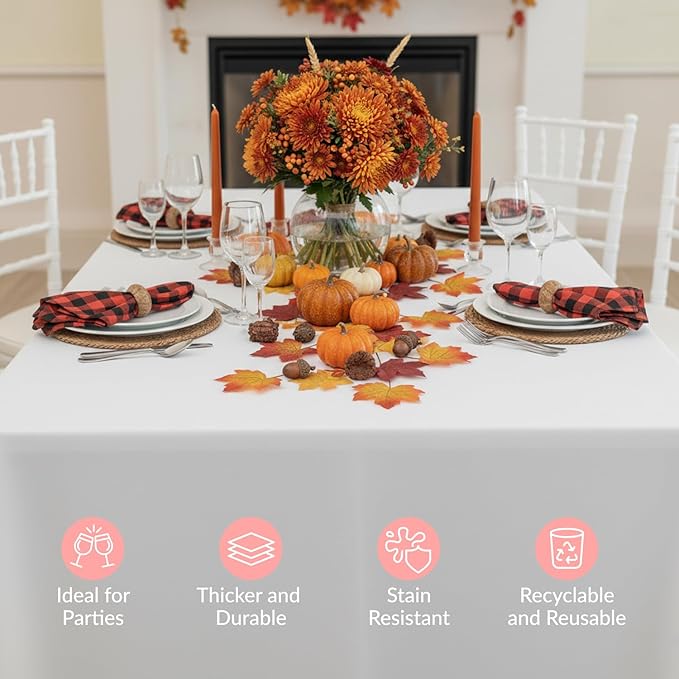 Prestee 24 Pack Plastic Table Cloth Disposable - 108" x 54" White Table Cloth Rectangle for Indoor or Outdoor Use - White Tablecloths for Weddings, Parties - Plastic Table Cover for Fine Dining Events