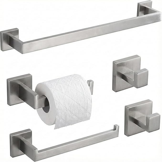 5 Piece Bathroom Hardware Set Brushed Nickel, SUS304 Stainless Steel Towel Bar Set, Modern Square Accessories with 16 Inch Rack Toilet Paper Holder Robe Hooks (Brushed Nickel)