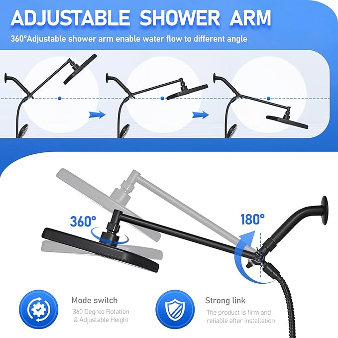 Wide Rain Shower Head With 5 Modes Handheld Showerheads, High Pressure Showerhead Combo with Extension Arm for Bathroom Accessories, Adjustable Shower Head with Anti-Clog Nozzles (Black)