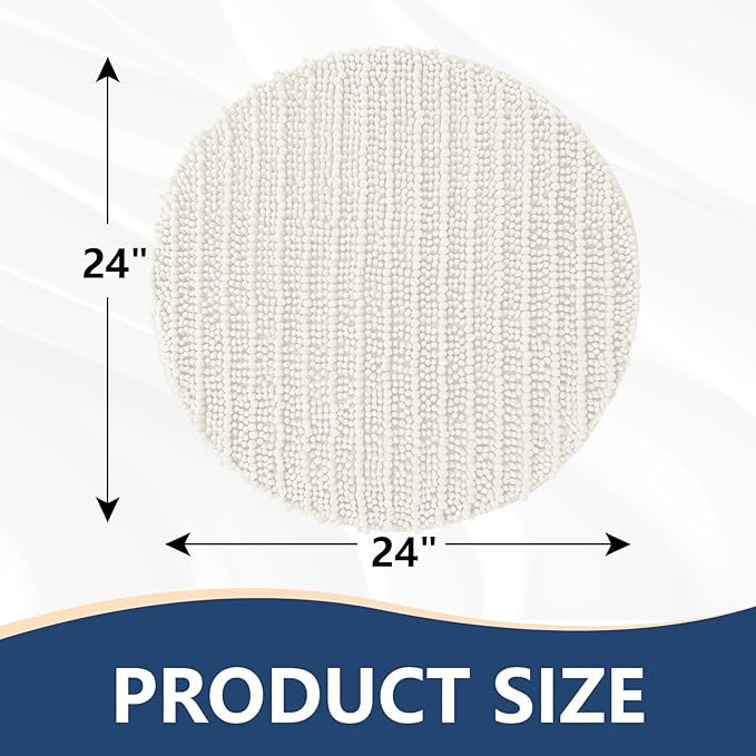 Arotive Luxury Round Chenille Bathroom Rug Mat, Extra Soft Thick Absorbent Shaggy Bath Rugs, Non-Slip Machine Wash Dry Plush Bath Mats for Bathroom, Shower and Tub, 24x24, Ivory