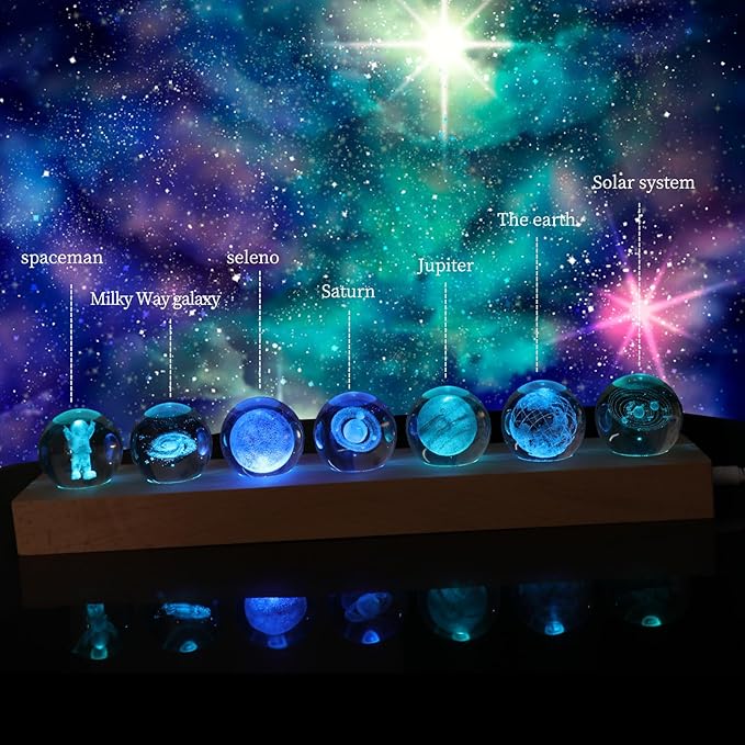 7 Pcs Planet Crystal Ball Night Light Lamp with LED Wooden Base, 3D Galaxy Moon Saturn Crystal Ball Nightlight for Meditation Positive Energy Decoration for Home for Birthday Christmas Gifts