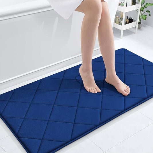 OLANLY Memory Foam Bath Mat 47x24, Ultra Soft and Absorbent Bathroom Rugs, Machine Washable, Comfortable Bath Carpet for Bathroom Floor, Tub and Shower, Navy