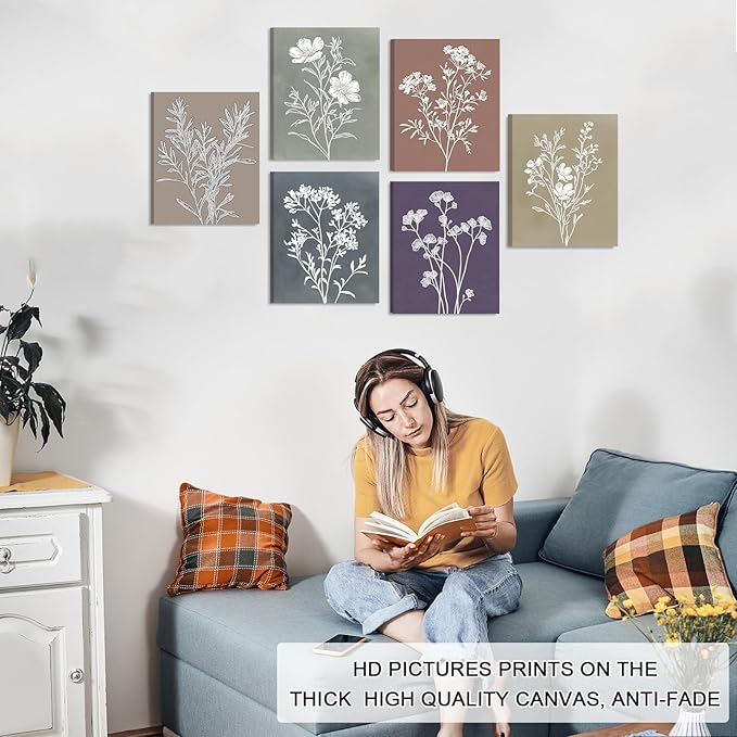 WALTSOM Framed Boho Floral Wall Art, Minimalist Botanical Canvas Prints, Vintage Farmhouse Flower Wall Decor for Bedroom, Bathroom, Kitchen (Framed, 8x10in, Set of 6)