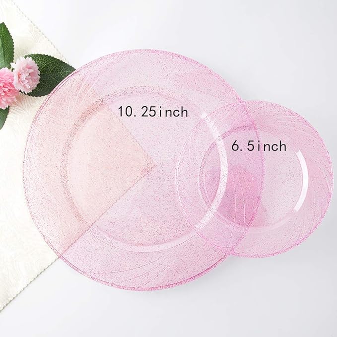 WDF Rose Gold Pink Plastic Plates with Pink Plastic Silverware include 40 Dinner & Salad Plates, 40Forks, 40 Knives, 40 Spoons for Wedding/Party/Valentine's Day