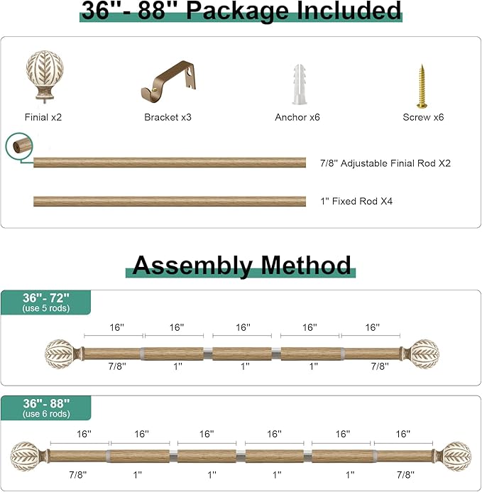 Boho Wood Curtain Rods for Windows 48 to 84 inch,1" Adjustable Heavy Duty Window Curtain Rod with Imitation Wood Grain Finials,Rustic Decorative Drapery Rods Set,Size:36-88'',Weathered Wood