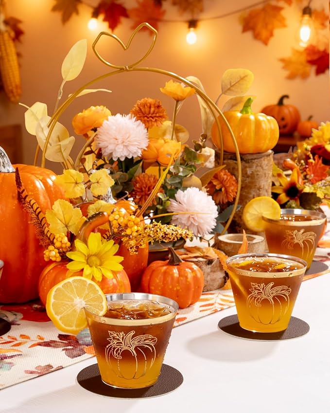 Ciaell 60 PCS Gold Plastic Cups - 9Oz Heavy Duty Plastic Cups - Thanksgiving Disposable Cup - Disposable Clear Wine Cup with Gold Pumpkin for Party & Thanksgiving