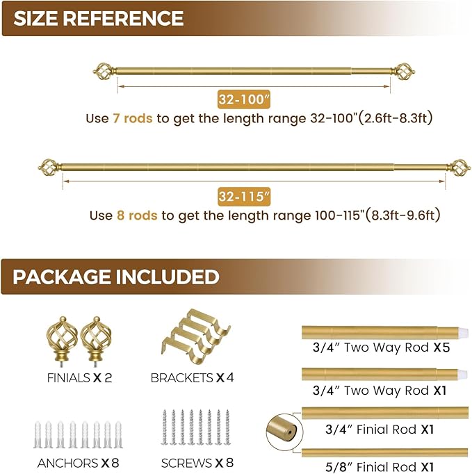 KAMANINA Curtain Rods for Windows 66 to 120 Inch, 3/4 Inch Gold Curtain Rod 32 to 115 Inches (2.6-9.6ft) Splicing Adjustable Single Drapery Rod with Twisted Cage End