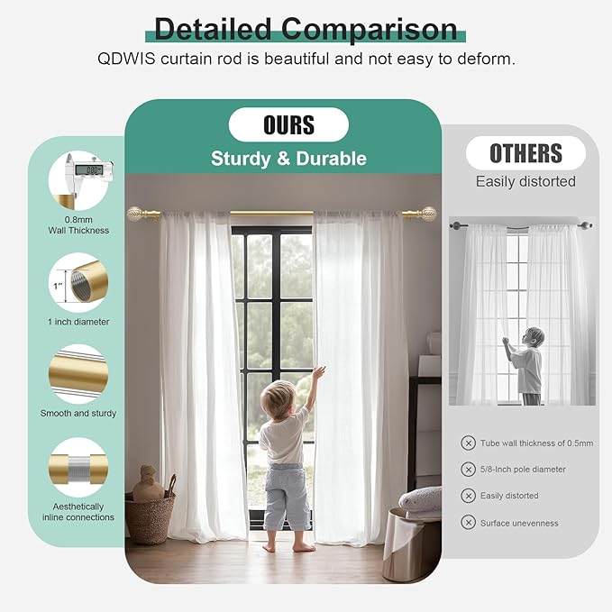Gold Curtain Rods for Windows 72 to 144 inch,1" Adjustable Heavy Duty Window Curtain Rod Leaf Finials,Rustic Decorative Drapery Rods Set,Size:36-150''