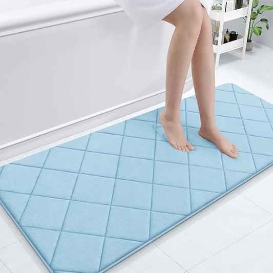 OLANLY Memory Foam Bath Mat 59x24, Ultra Soft and Absorbent Bathroom Rugs, Machine Washable, Comfortable Bath Carpet for Bathroom Floor, Tub and Shower, Sky Blue