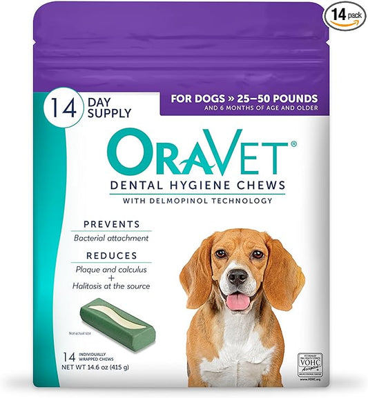 ORAVET Dental Chews for Dogs, Oral Care and Hygiene Chews (Medium Dogs, 25-50 lbs.) Purple Pouch, 14 Count