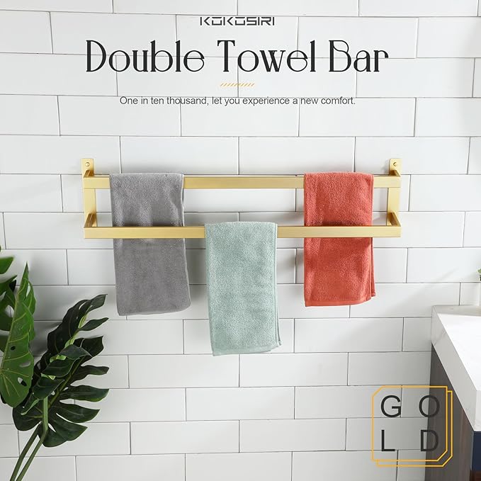KOKOSIRI Bath Towel Bars Bathroom 2-Tiers Ladder Brushed Gold Towel Rails 32-Inch Towel Holders Wall Mounted Towels Shelves Rack Stainless Steel, B5008BG-L32