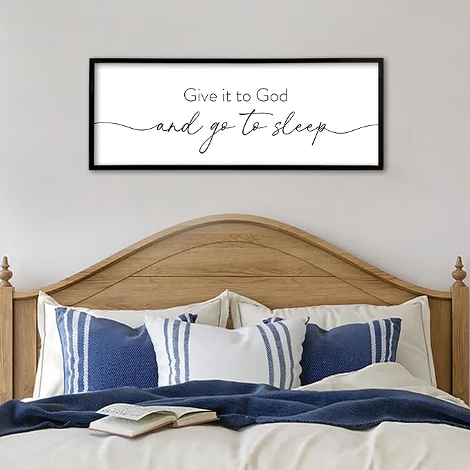 Give It To God And Go to Sleep Wall Decor 40"X15" Master Bedroom Above Bed Large Wood Framed Sign Rustic Guest Room Over Bed Wall Hanging Art (Black)
