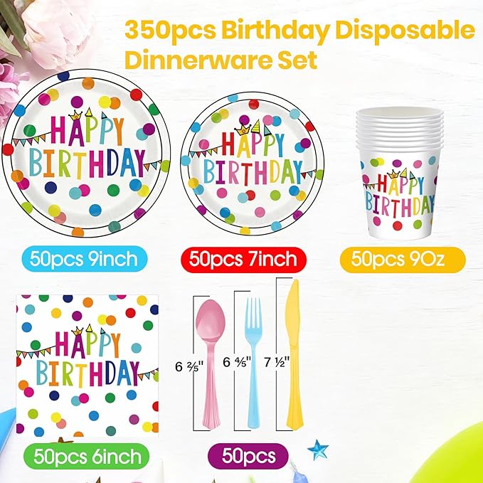 Happy Birthday Paper Plates and Napkins Sets - 350 Pcs Polka Dots Happy Birthday Party Supplies Tableware Set, Disposable Plates Napkins Kit for Boys Girls Birthday Party Decorations, Serves 50