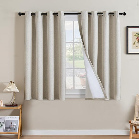 H.VERSAILTEX Linen Curtains 100% Blackout Curtains for Bedroom 45 inch Long Full Light Blocking Nature Linen Blended Window Curtains for Living Room Nickel Grommet (2 Panels, Heathered Linen)
