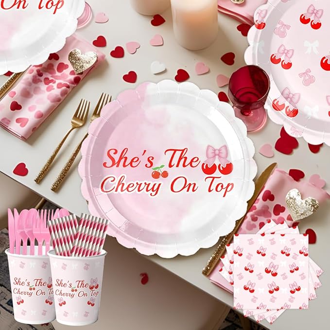 Birthday Party Decorations, Pink Cherry Theme Party Kit for Sweet Ladies and Girls, Total 214 PCS for 24 People, Including Banners,Cherry Plates,Cups and Other PINK Birthday Party Decorations