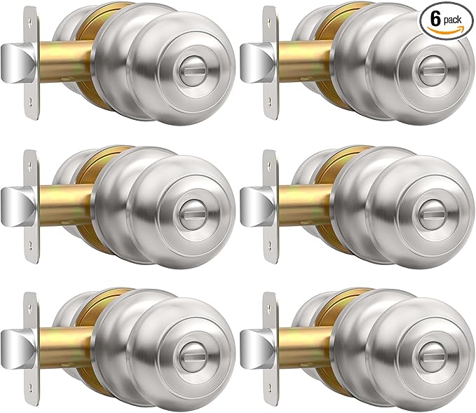 Privacy Door Knob, Brushed Nickel Door Knobs Interior Keyless Locks Set(6 Pack), Bedroom Bathroom Door Knob with Lock, Reversible for Left/Right Door Handle