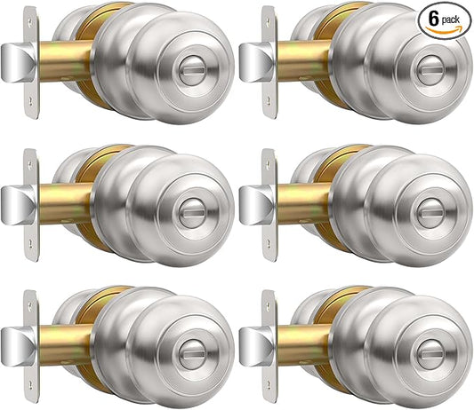 Privacy Door Knob, Brushed Nickel Door Knobs Interior Keyless Locks Set(6 Pack), Bedroom Bathroom Door Knob with Lock, Reversible for Left/Right Door Handle