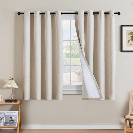 H.VERSAILTEX Linen Curtains 100% Blackout Curtains for Bedroom 54 inch Long Full Light Blocking Nature Linen Blended Window Curtains for Living Room Nickel Grommet (2 Panels, Heathered Natural)