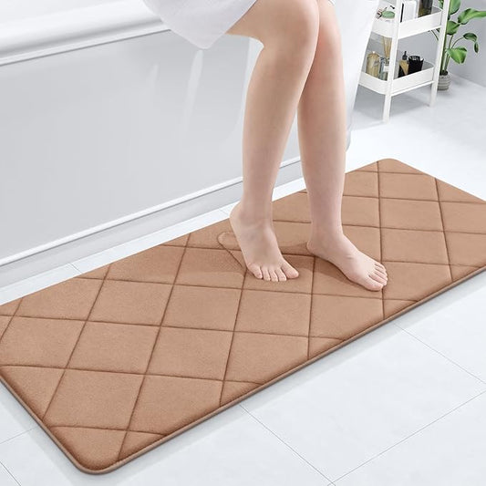 OLANLY Memory Foam Bath Mat 47x20, Ultra Soft and Absorbent Bathroom Rugs, Machine Washable, Comfortable Bath Carpet for Bathroom Floor, Tub and Shower, Dark Beige