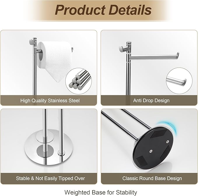 BVL Toilet Paper Holder Stand Chrome Stainless Steel Free Standing Toilet Paper Holder with Hook