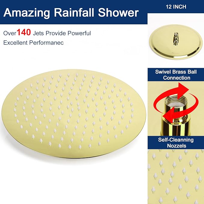 NearMoon Rain Shower Head with 11'' Adjustable Arm, High Pressure Stainless Steel Rainfall Shower, Ultra-Thin Design - Pressure Boosting (12 Inch, Gold)
