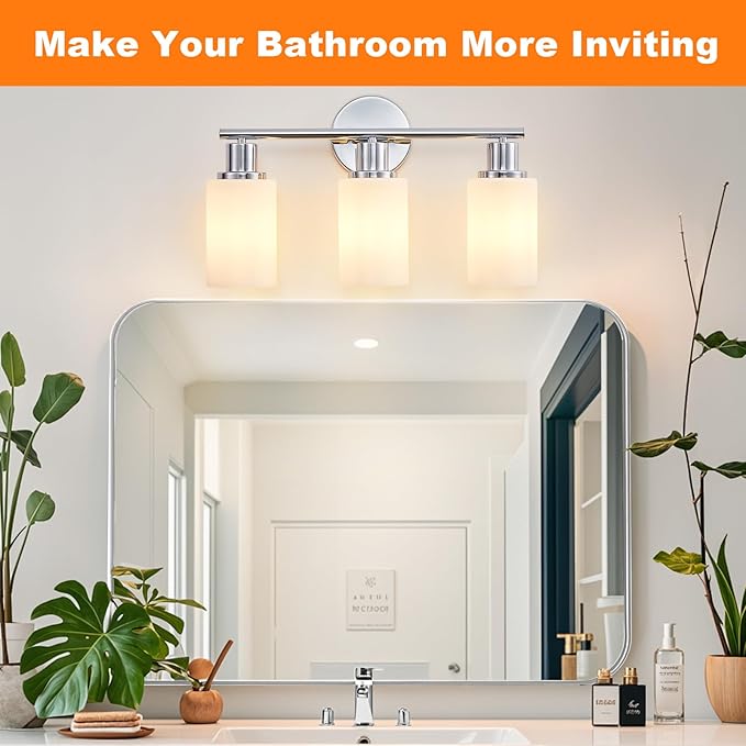 DLLT 3-Light Bathroom Light Fixtures: Chrome Modern Vanity Lights with E26 Bulbs - Milky White Glass Shade Bathroom Wall Lamp for Mirror Kitchen Living Room Hallway Cabinet Porch