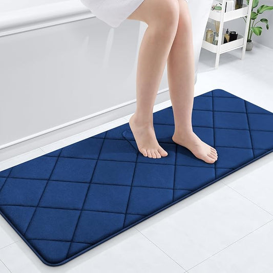 OLANLY Memory Foam Bath Mat 47x20, Ultra Soft and Absorbent Bathroom Rugs, Machine Washable, Comfortable Bath Carpet for Bathroom Floor, Tub and Shower, Navy