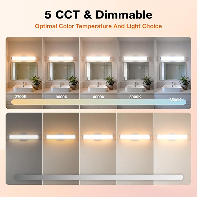 LEDVANCE Sylvania 24" Modern Vanity Lights for Bathroom, 22W, 5 Temperature Select (2700K/3000K/3500K/4000K/6000K), Dimmable, Square Shape, Brush Nickel, with Accessories - 1 Pack (66559)