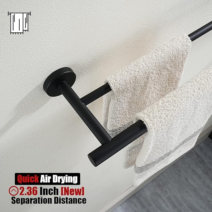 JQK Double Towel Bar 27 Inch, Matte Black Useable Length 24 Inch 304 Stainless Steel Thicken 0.8mm Bath Towel Rack for Bathroom, Towel Holder Wall Mount, TB100L24-PB