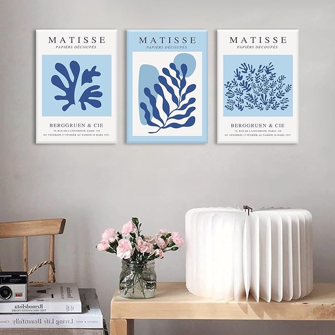 BingruiArt Blue Matisse Wall Art Canvas Boho Flower Set of 3 Minimalist Plant Leaves Painting Abstract Pictures Aesthetic Prints Home Decor for Living Room Bedroom Bathroom 12"x16" Framed