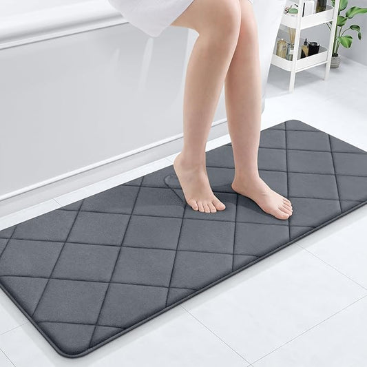 OLANLY Memory Foam Bath Mat 47x20, Ultra Soft and Absorbent Bathroom Rugs, Machine Washable, Comfortable Bath Carpet for Bathroom Floor, Tub and Shower, Dark Grey