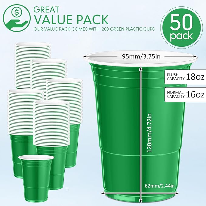 Mimorou Green 200 Pack 16 oz Disposable Plastic Cups Bulk, Party Plastic Cups for Parties Stackable Beverage Drinking Tumbler Heavy Duty for Events Picnics and BBQ Wedding Birthday Baby Shower