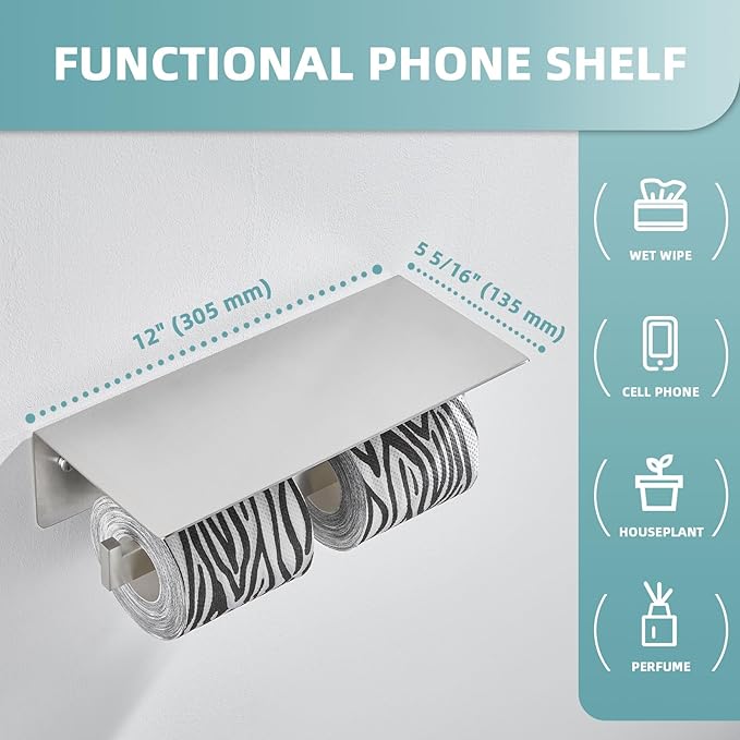 Angle Simple Bathroom Toilet Paper Holder, SUS 304 Stainless Steel Toilet Tissue Roll Holder with Storage Shelf, Wall Mount