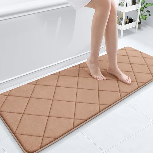 OLANLY Memory Foam Bath Mat 59x20, Ultra Soft and Absorbent Bathroom Rugs, Machine Washable, Comfortable Bath Carpet for Bathroom Floor, Tub and Shower, Dark Beige