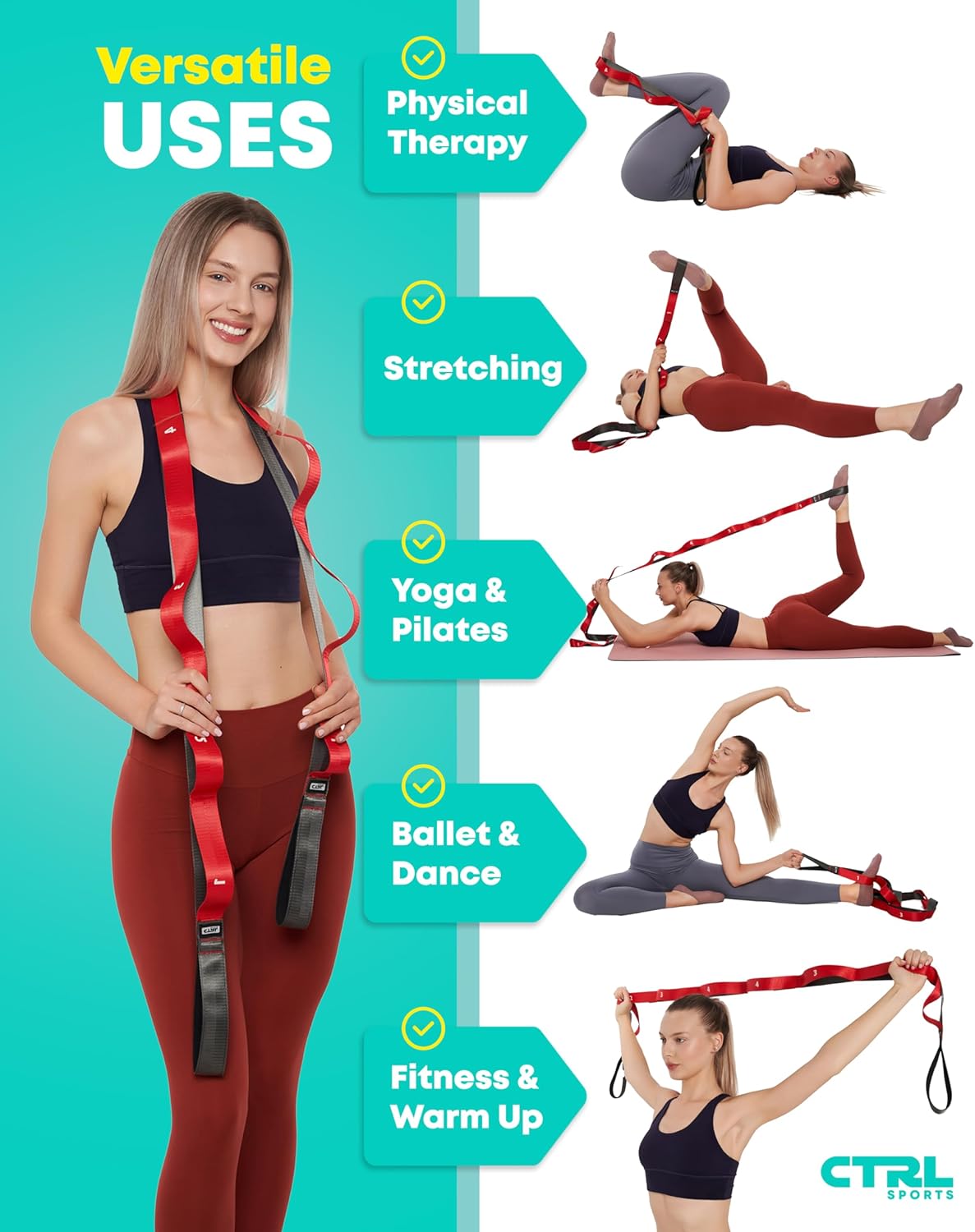 Stretching Strap with Loops - Non Elastic Stretch Band for Physical Therapy