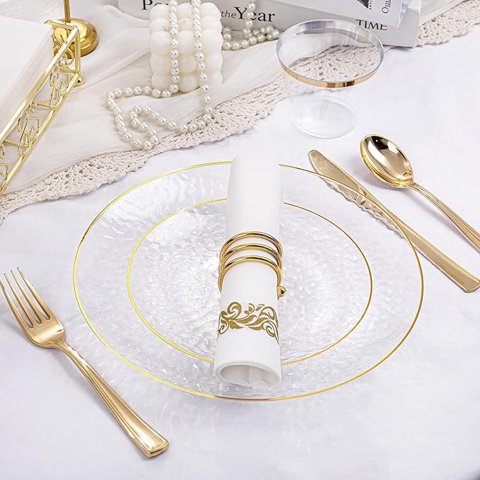 Rubtlamp 350 Pcs Clear Gold Plastic Plates, Hammered Disposable Dinnerware, Clear-Gold Plates Set Include 100 Plastic Platos, 150 Gold Disposable Silverware, 50 Cups And 50 Napkins for Party