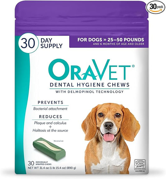 ORAVET Dental Chews for Dogs, Oral Care and Hygiene Chews (Medium Dogs, 25-50 lbs.) Purple Pouch, 30 Count