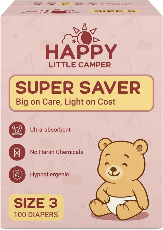 Happy Little Camper Super Saver Diapers, Size 3, 100 Count | Budget-Friendly Disposable Baby Diapers for Sensitive Skin | Hypoallergenic, Fragrance-Free, Ultra Absorbent