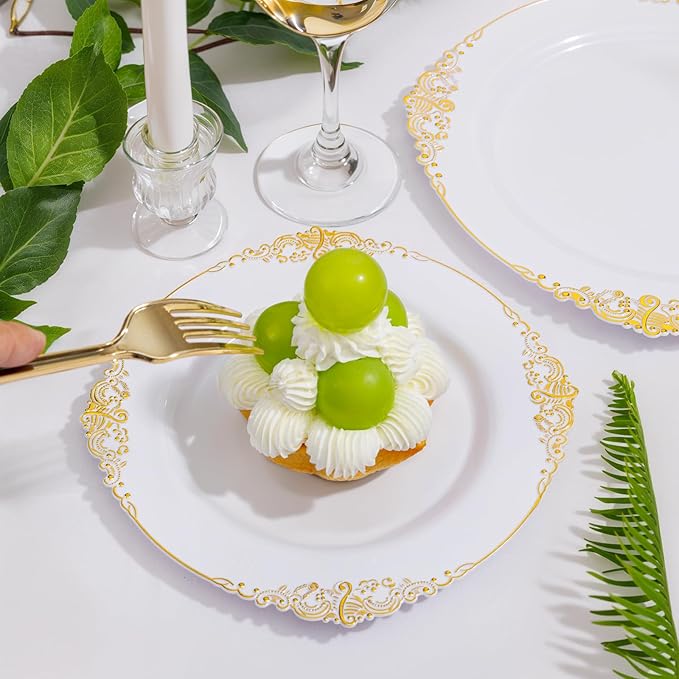 Nervure 175PCS White and Gold Plastic Plates - Disposable Dinnerware Set Include 50 Gold Plates for Dinner and Dessert, 75 Cutlery, 25Cups 25Napkins for Wedding & Party & Thanksgiving