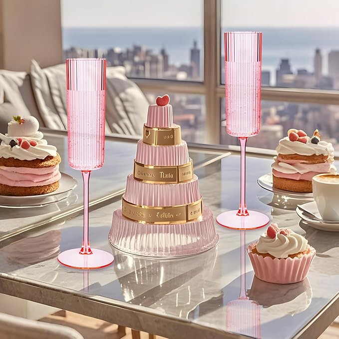 36 Pack Pink Plastic Champagne Flutes - 6oz Ribbed Disposable Champagne Glasses - Clear Pink Vintage Mimosa Glasses with Long Stem Elegant & Lightweight for Wedding Party